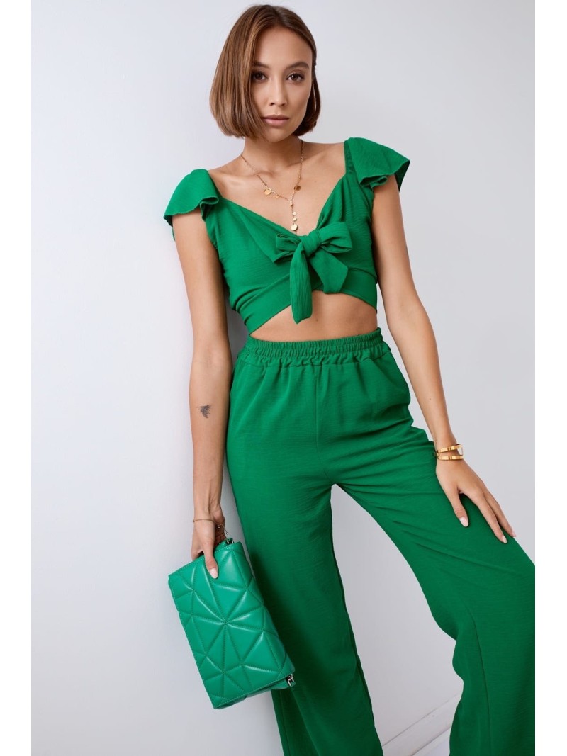 Set crop top verde inchis cu pantaloni largi 8108 - Magazin online - Boutique